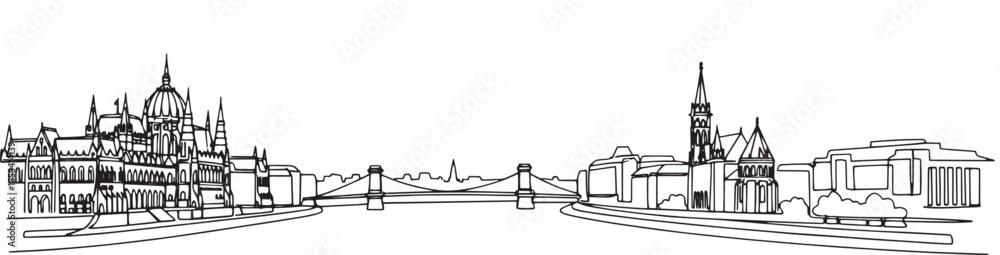 Obraz premium Budapest city skyline continuous black single line art illustration isolated