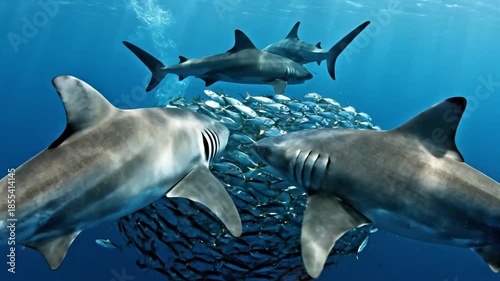 An underwater scene of sharks surrounding a large school of fish in the deep blue ocean