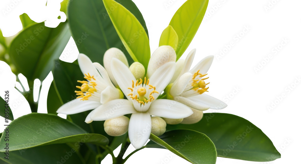Obraz premium White flower with green leaves isolated on transparent background