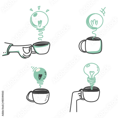hand drawn doodle drink mug with light bulb steam illustration