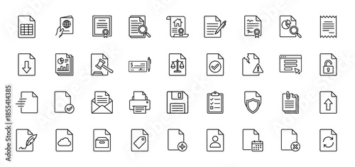 Business and document line icon set. Vector pictograms of spreadsheet, passport, certificate, contract, legal gavel, check, printer, and calendar, thin outline illustration.