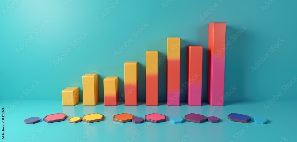 Obraz premium Colorful bar graph on blue backdrop shows rising data levels. Geometric shapes sit below chart. Graphic represents stats, growth, success, finance, and analytics.