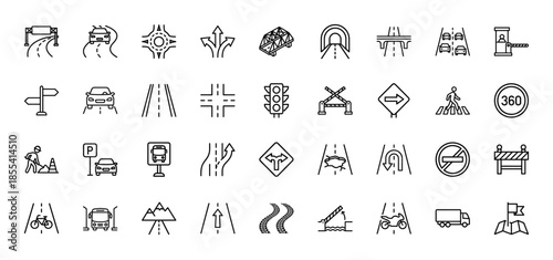 Road and traffic line icon set. Vector pictograms of highway, roundabout, tunnel, bridge, signal, crossing, u-turn, pothole, motorcycle, and truck, thin outline illustration.