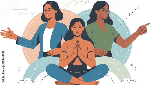 Calm woman meditates in a peaceful lotus position with two supportive women behind her