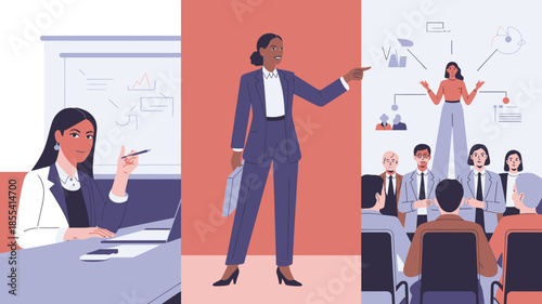 Confident businesswomen lead engaging presentations, discuss strategies, and deliver insightful lectures to an audience