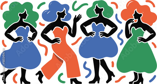 Confident women in stylish colorful outfits and vibrant hair posing and walking with dynamic fluid elements