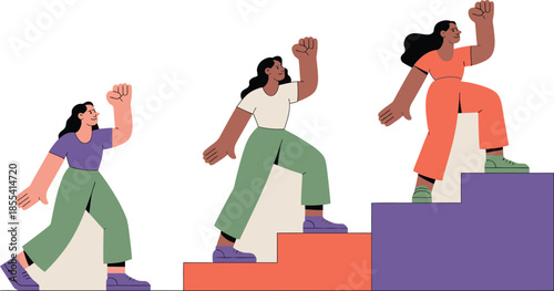 Determined women steadily progressing upwards on colorful steps while celebrating personal achievements