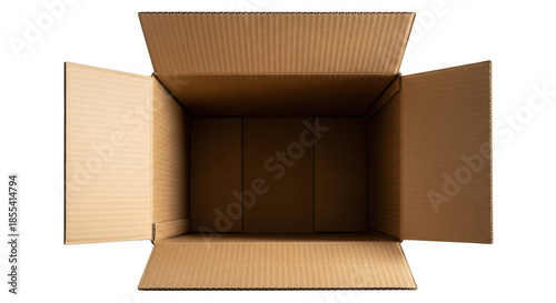 Open empty cardboard box isolated on transparent background