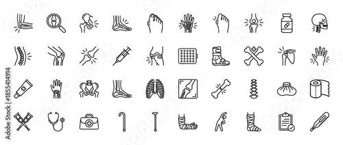 Orthopedics line icon set. Vector pictograms of joint pain, spine, fracture, x-ray, cast, skeleton, arthritis, therapy, bandage and crutches, thin outline illustration.