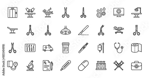 Medical and surgery line icon set. Vector pictograms of stethoscope, scalpel, ambulance, microscope, scissors, blood pressure monitor, and pills, thin outline illustration.