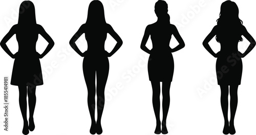 Four confident black silhouettes of women wearing skirts or pants with hands on hips in various poses