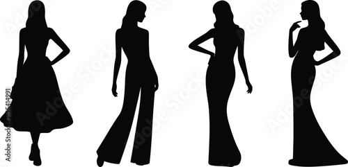 Four elegant black silhouettes of women wearing different dresses and posing stylishly on a white ground