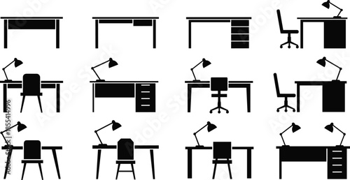 Collection of black office desk silhouettes with chairs and lamps in various designs for workspace, study, furniture, and professional interior concepts,