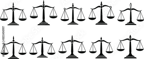 Collection of black scales of justice silhouettes in various designs representing law, legal system, court, equality, and weight measurement concepts,