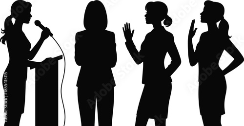 Silhouettes of professional women engaging in public speaking and confident business interactions