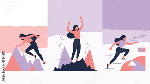Resilient women overcoming challenges, reaching peaks, and moving forward in abstract landscapes