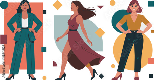 Three confident and fashionable women stand or walk against a vibrant geometric background