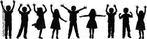 Collection of black silhouettes featuring happy children jumping and cheering with raised arms for childhood, joy, celebration, and education concepts,