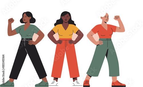 Three diverse women stand united with raised fists showcasing strength, solidarity, and female empowerment