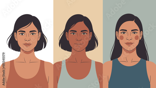 Three diverse women with varying skin tones and hairstyles looking forward on different colored panels