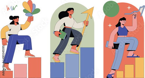 Three energetic women demonstrating career growth and progress by climbing steps and reaching for success