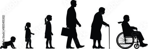 Collection of black silhouettes showing human aging process from crawling baby and young child to adult professional and elderly senior,