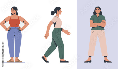 Three women are depicted in various confident and casual poses including standing and walking