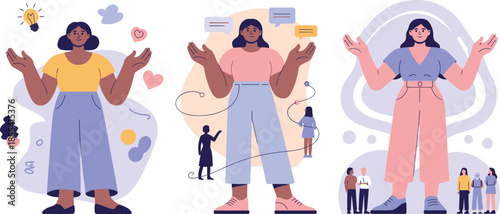 Three women are shown with various floating elements representing ideas, communication, and community connection