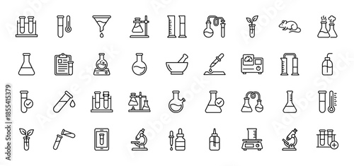 Laboratory science line icon set featuring vector pictograms of test tubes, flasks, beakers, microscopes, petri dishes, and mortar and pestle in thin outline illustration.