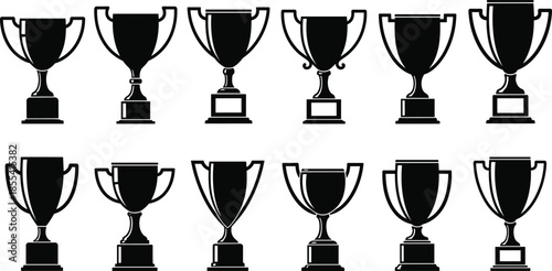 Collection of black trophy cup silhouettes in various shapes for sports awards, achievement celebrations, winner prizes, and competitive victory concepts,