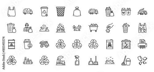 Waste management line icon set. Vector pictograms of recycling bins, garbage trucks, hazardous barrels, landfill, composting, and shredder, thin outline illustration.