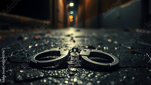 restraint. Broken handcuffs on wet pavement in an alley with dramatic side lighting. event key visuals, club posters, designed for sports event promotions and stadium branding.