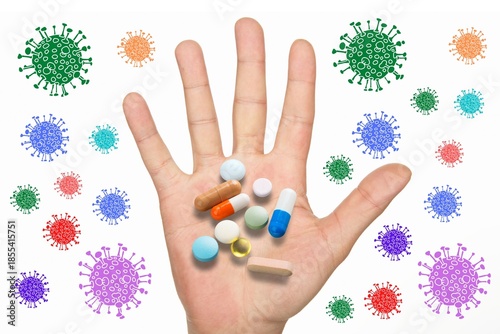 Quadro su tela A hand holding various pills surrounded by virus illustrations, symbolizing heal