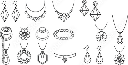 Collection of thin line jewelry icons featuring diamond rings, necklaces, bracelets, and earrings for fashion, luxury retail, and bridal designs,