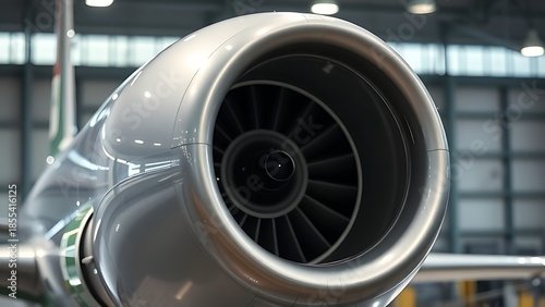 nacelle. Streamlined outer shell of aircraft engine nacelle reflecting hangar lights. mobility guides, transit brochures, designed for transport & logistics marketing, supports logistics messaging.