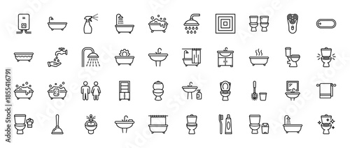 Bathroom line icon set. Vector pictograms of bathtub, shower, toilet, sink, faucet, mirror, cleaning supplies, toothbrush, towel, thin outline illustration.