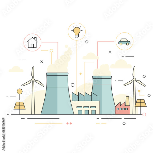 Clean energy power plant illustration with wind turbines solar panels and smart grid symbols showing sustainable electricity and modern eco friendly energy system