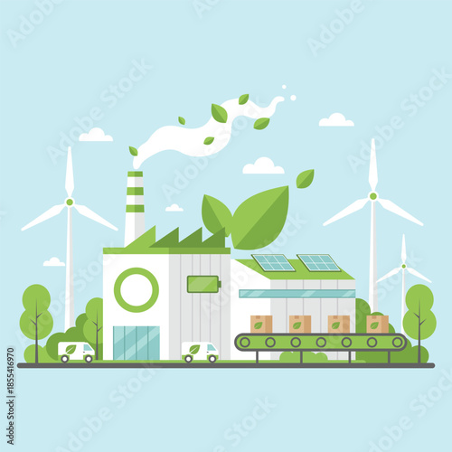 Eco friendly industrial factory using clean energy, wind power, solar panels and green production concept for sustainability and low carbon future