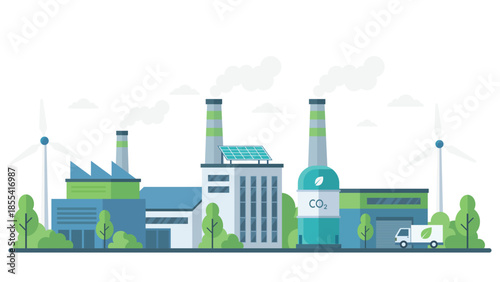 Clean energy industrial factory with carbon capture system, wind turbines, solar panels, and eco transport concept for net zero and sustainable manufacturing.