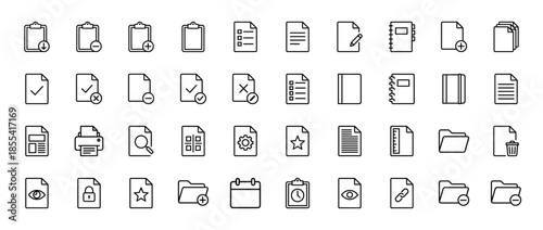 Business and office document line icon set. Vector pictograms of clipboard, folder, file, checklist, printer, calendar, search, and lock, thin outline illustration.