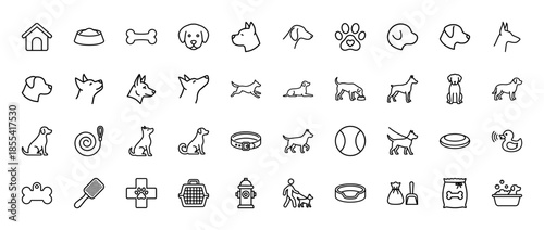 Dog care and pet supplies line icon set featuring vector pictograms of puppy, kennel, bone, collar, leash, food bowl, brush, hydrant, and toy, thin outline illustration.