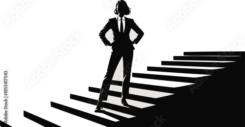 Confident businesswoman silhouette stands powerfully on a large staircase with hands on hips