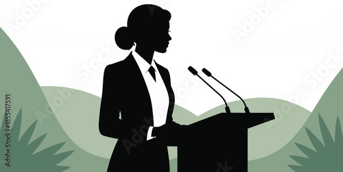 Confident silhouette of a business woman delivers an important speech at a podium with two microphones