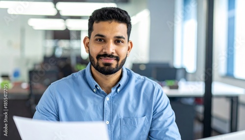 Portrait of a smiling man in a light blue shirt in an office setting looking at the camera
