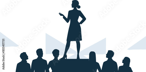 Female speaker silhouette gestures to an observing audience on a minimal geometric background