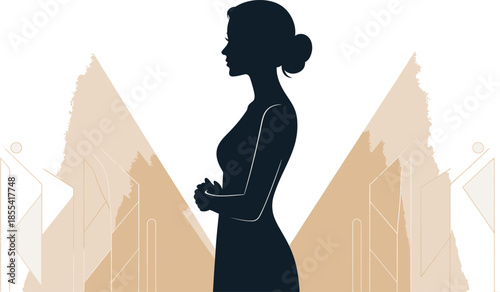 Graceful female silhouette stands calmly in profile with clasped hands against a modern geometric background