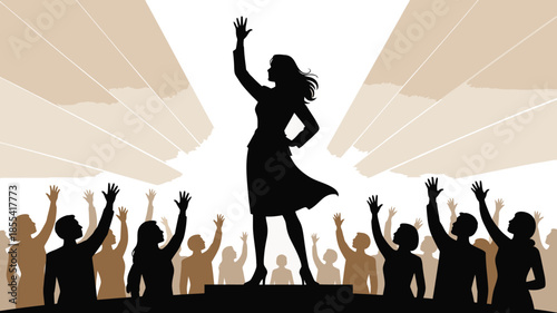 Powerful female leader silhouette waves to an enthusiastic crowd raising their hands