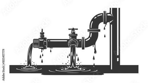 Leaking pipe with flowing water, cartoon illustration. Concept of economical water consumption. Transparent background SVG version.