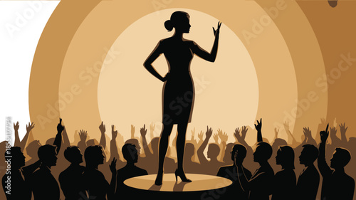 Powerful woman speaker stands spotlighted on stage addressing an excited audience with enthusiastic raised hands