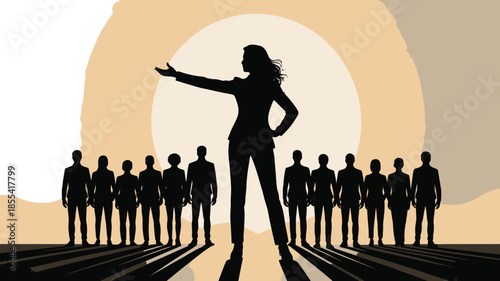 Strong female business leader silhouette guides her diverse team forward with an outstretched hand